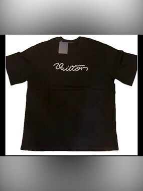 Louis Vuitton Black Crewneck T-Shirt with White Script Logo